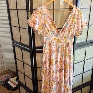 Lulu's Floral V-Neck Midi Dress in Pink and Yellow